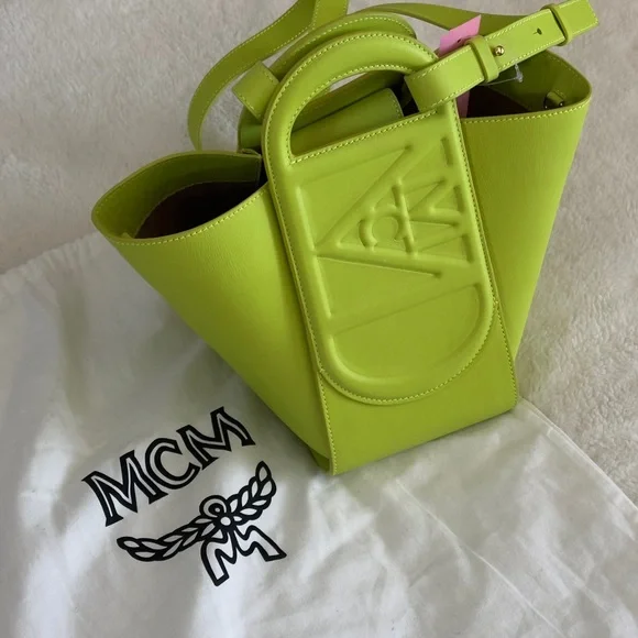 MCM Mini Mode Travia Leather Tote Neon Lime - Picture 4 of 7
